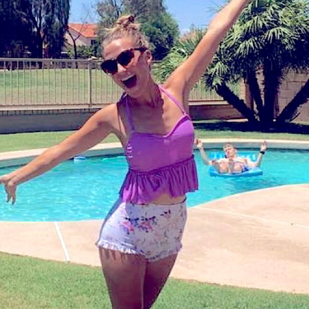 Kortni Jeane lavender tankini and white floral patterned bottoms size S (swim)